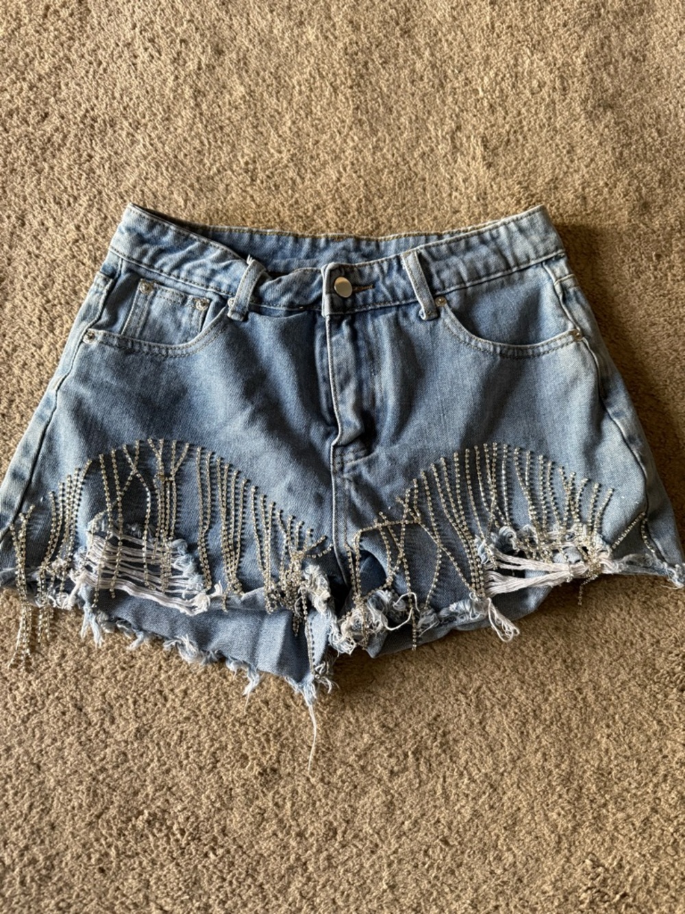 Distressed Light Blue Denim Shorts with Fringe and Rhinestone Detail